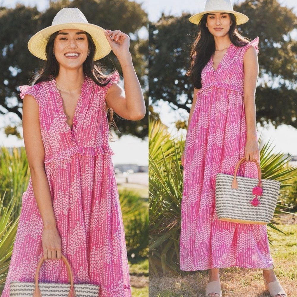 Banjanan Constance Pink Maiden Grass Raspberry Rose Midi Dress Size XS